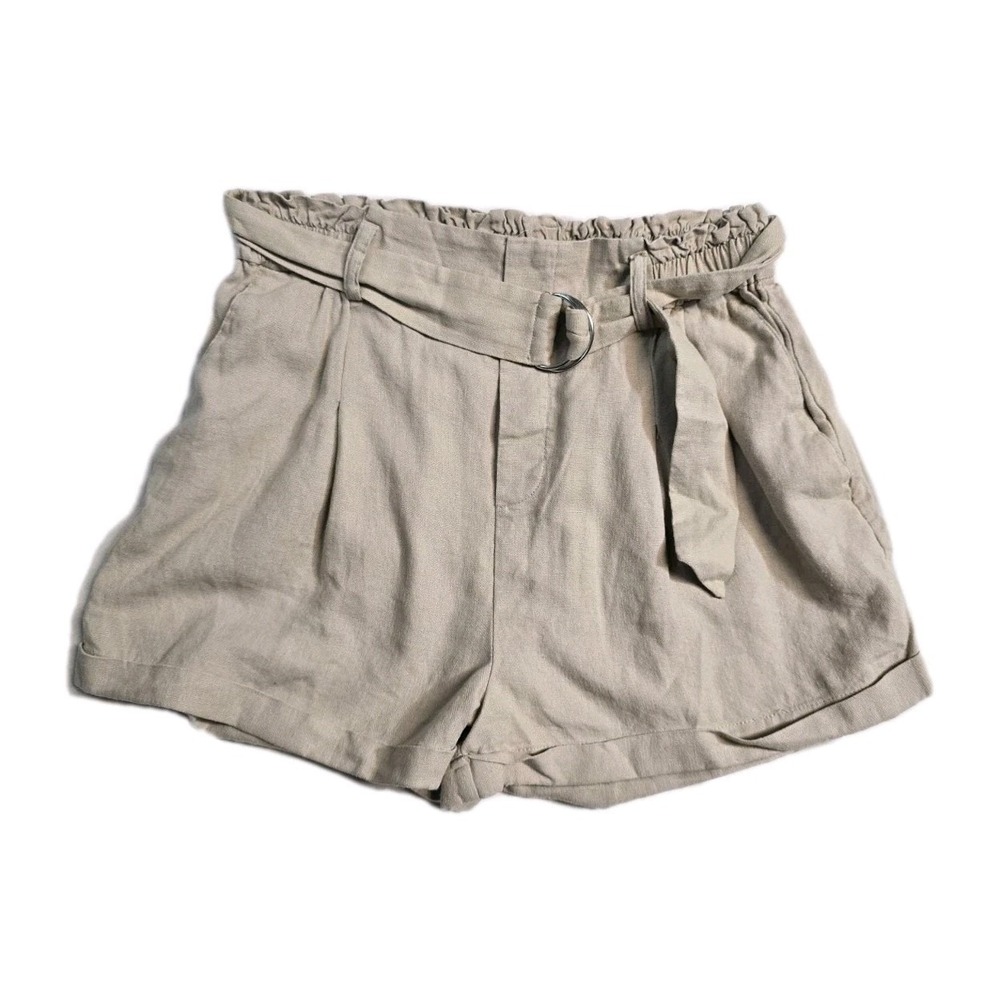 Garage Women's Paperbag Linen Blend Shorts Small Brown Belted